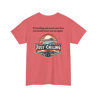 The image is a pink t-shirt with a graphic design and text on it.