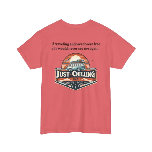 The image is a pink t-shirt with a graphic design and text on it.