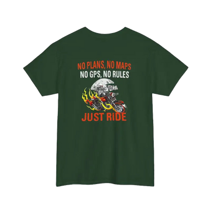 The image is a green t-shirt with a graphic design and text printed on it.