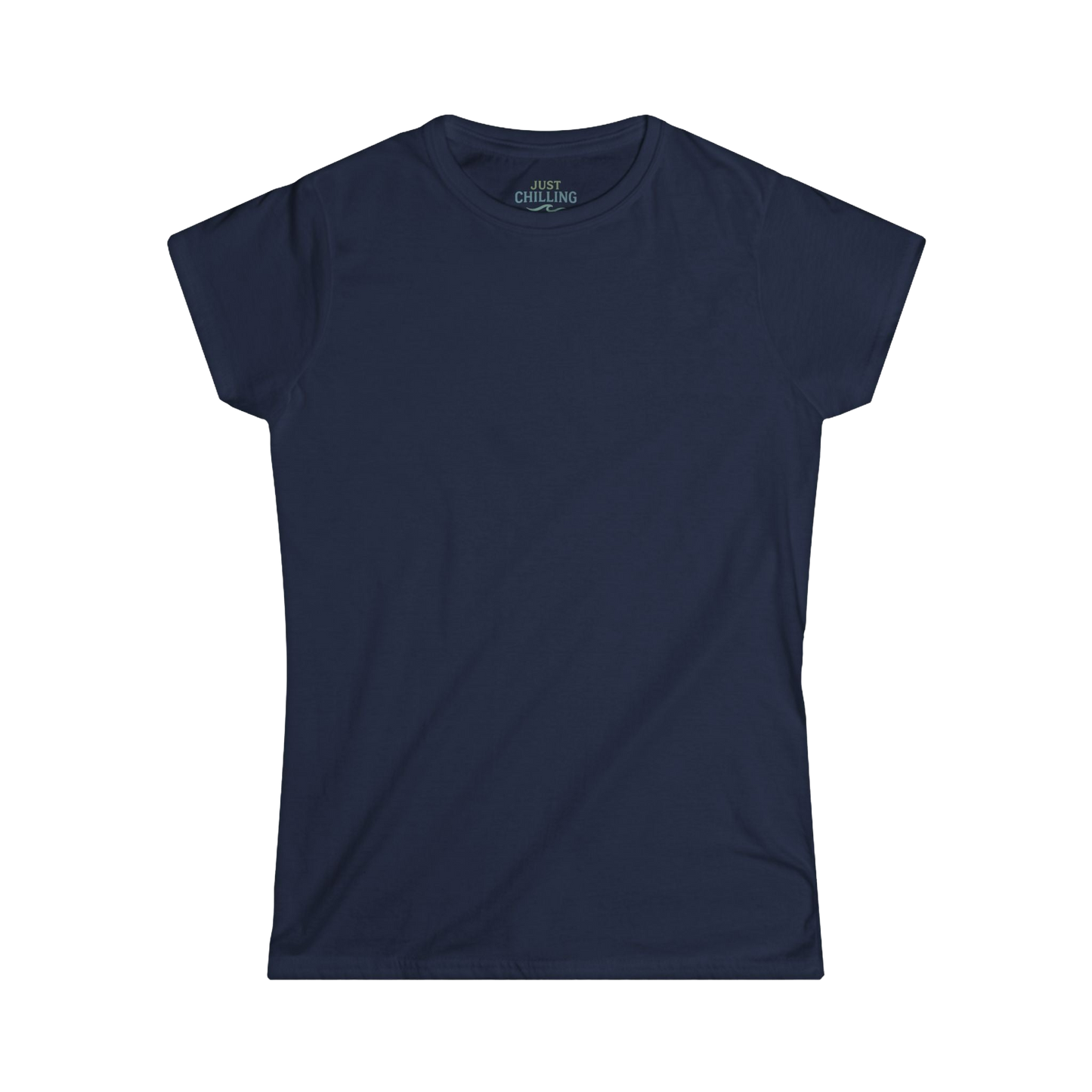 A navy blue t-shirt is shown against a black background.