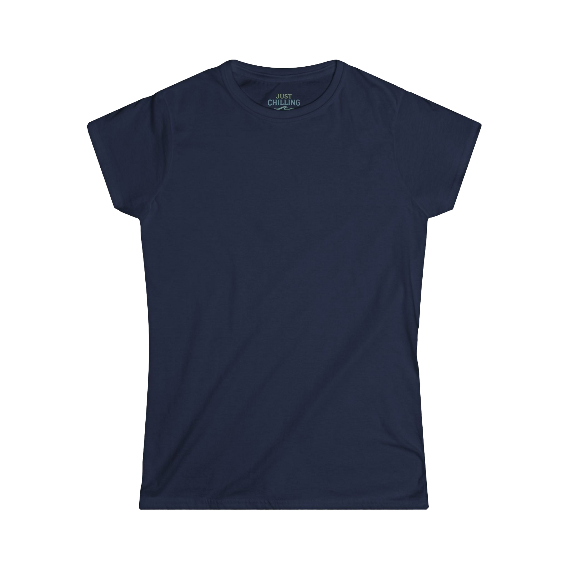 A navy blue t-shirt is shown against a black background.