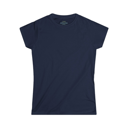 A navy blue t-shirt is shown against a black background.