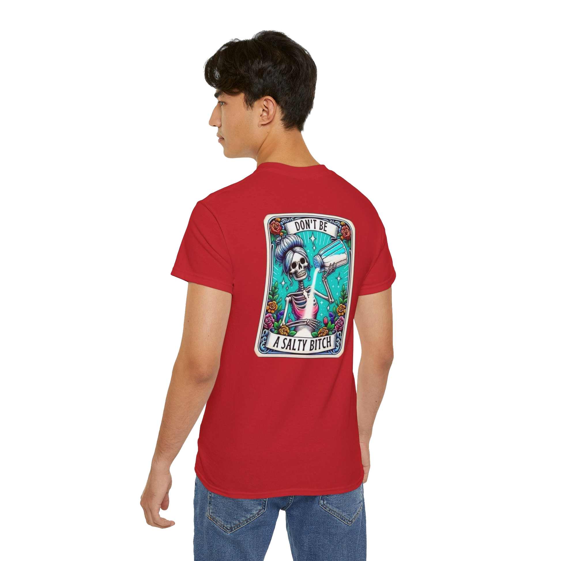 A person wearing a red t-shirt with a graphic design on the back.