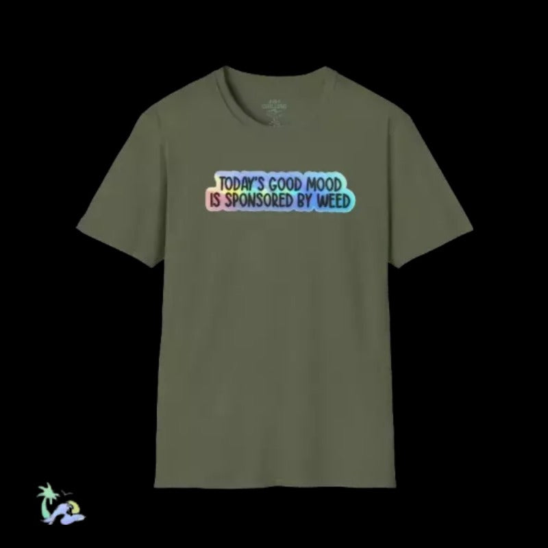 A t-shirt with a colorful graphic design and text on it.