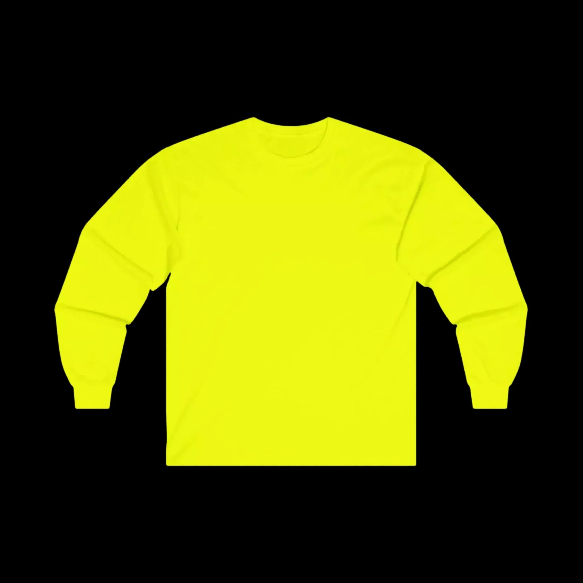 A bright yellow long-sleeved shirt against a black background.