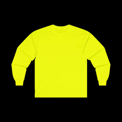 A bright yellow long-sleeved shirt against a black background.