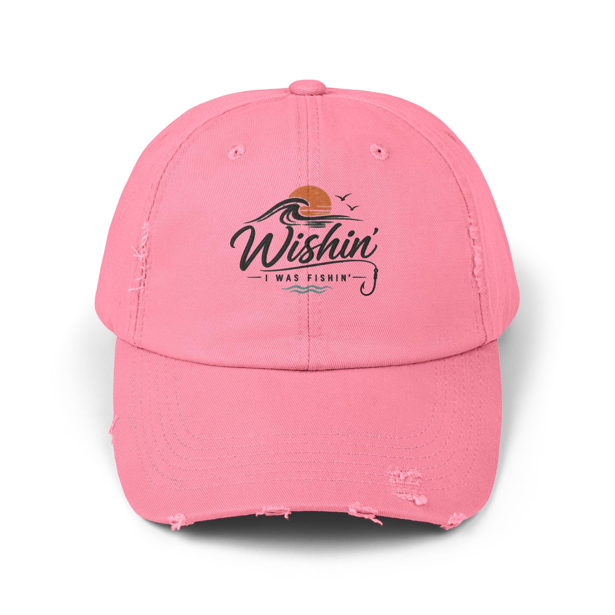 Distressed Baseball Cap - "Wishin' I Was Fishin'" Vintage Fishing Hat