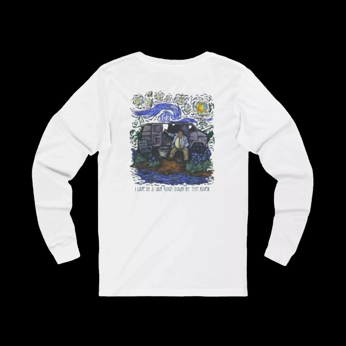 A white long-sleeved t-shirt with a colorful graphic design on the back, depicting a man in a boat on a river with a starry sky above.