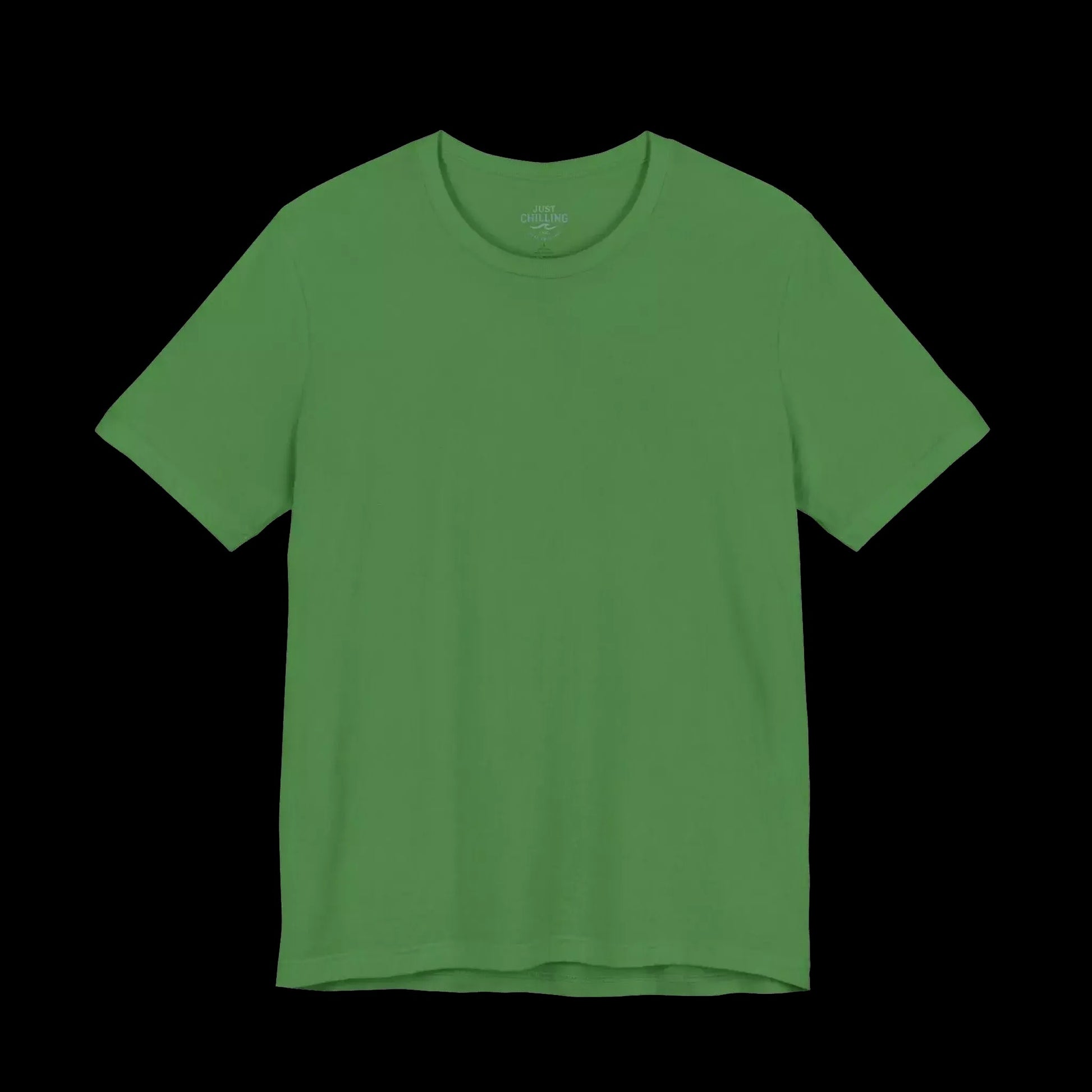 A plain green t-shirt against a black background.