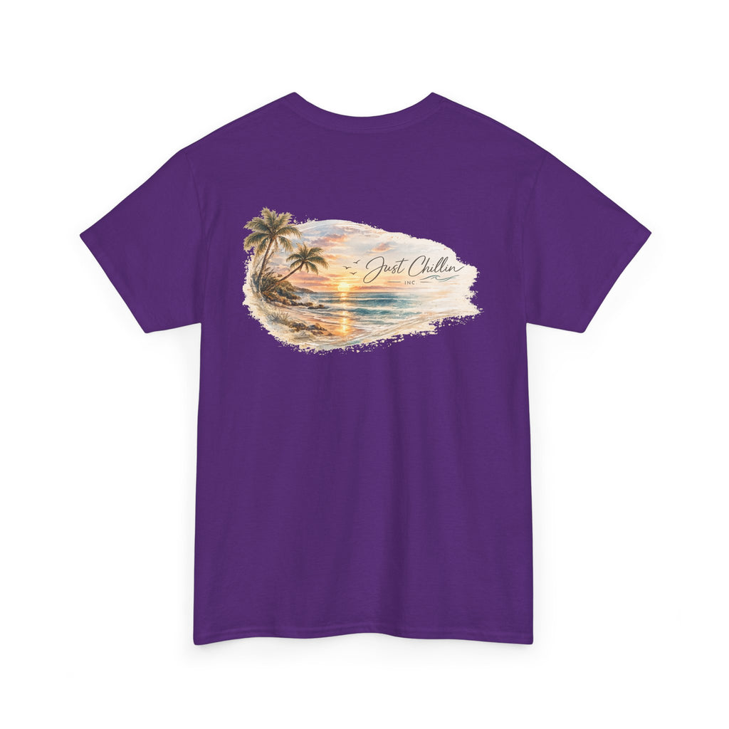 Just Chillin Sunset Palm Tee – Vintage Coastal Graphic T-Shirt