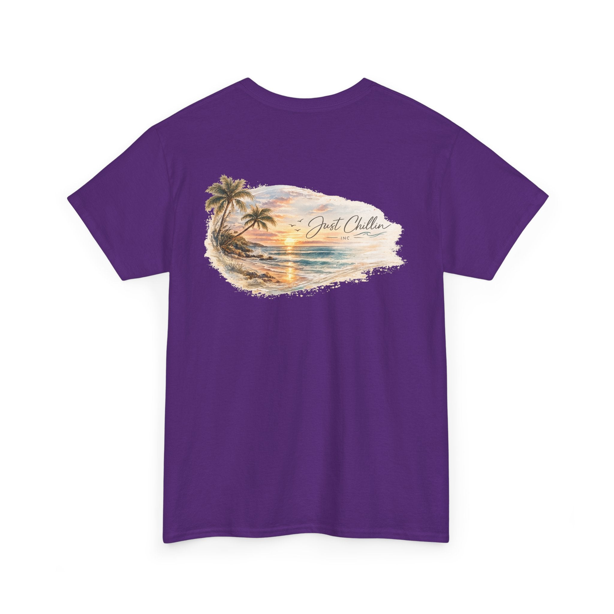 Just Chillin Sunset Palm Tee – Vintage Coastal Graphic T-Shirt