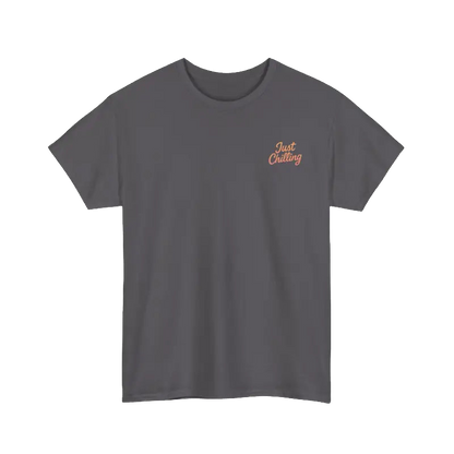 A gray t-shirt with a small orange text logo on the left side of the chest.