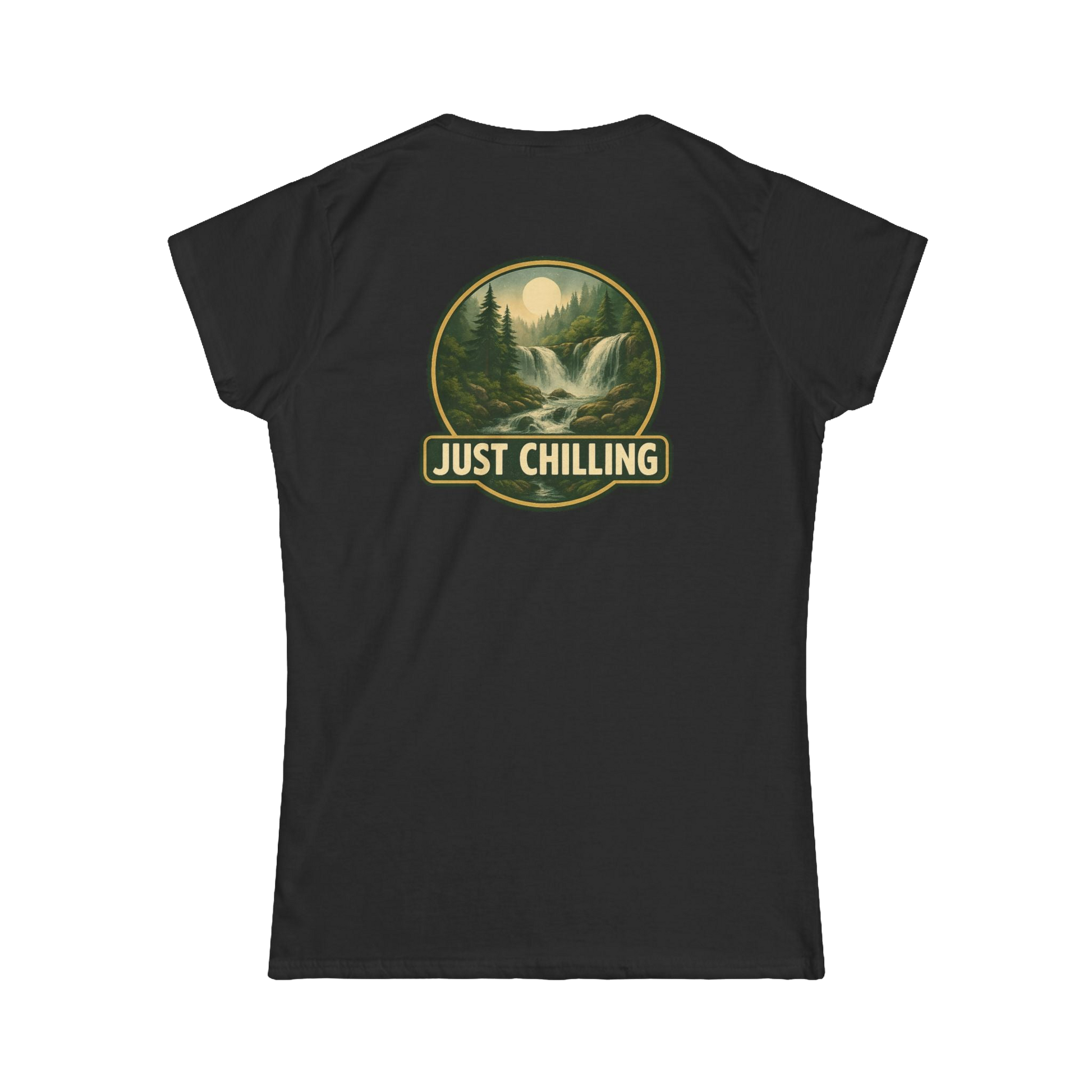 A black t-shirt with a graphic design on the back, depicting a waterfall surrounded by trees and mountains. The text "JUST CHILLING" is displayed above the image.