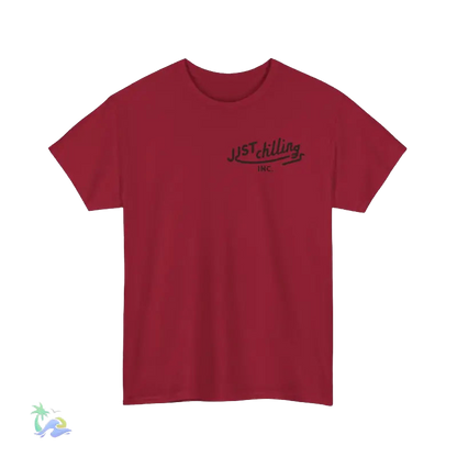 A red t-shirt with the text "JUSTchilling INC." printed on it.