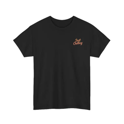 A black t-shirt with a small, handwritten text embroidered on the left side.