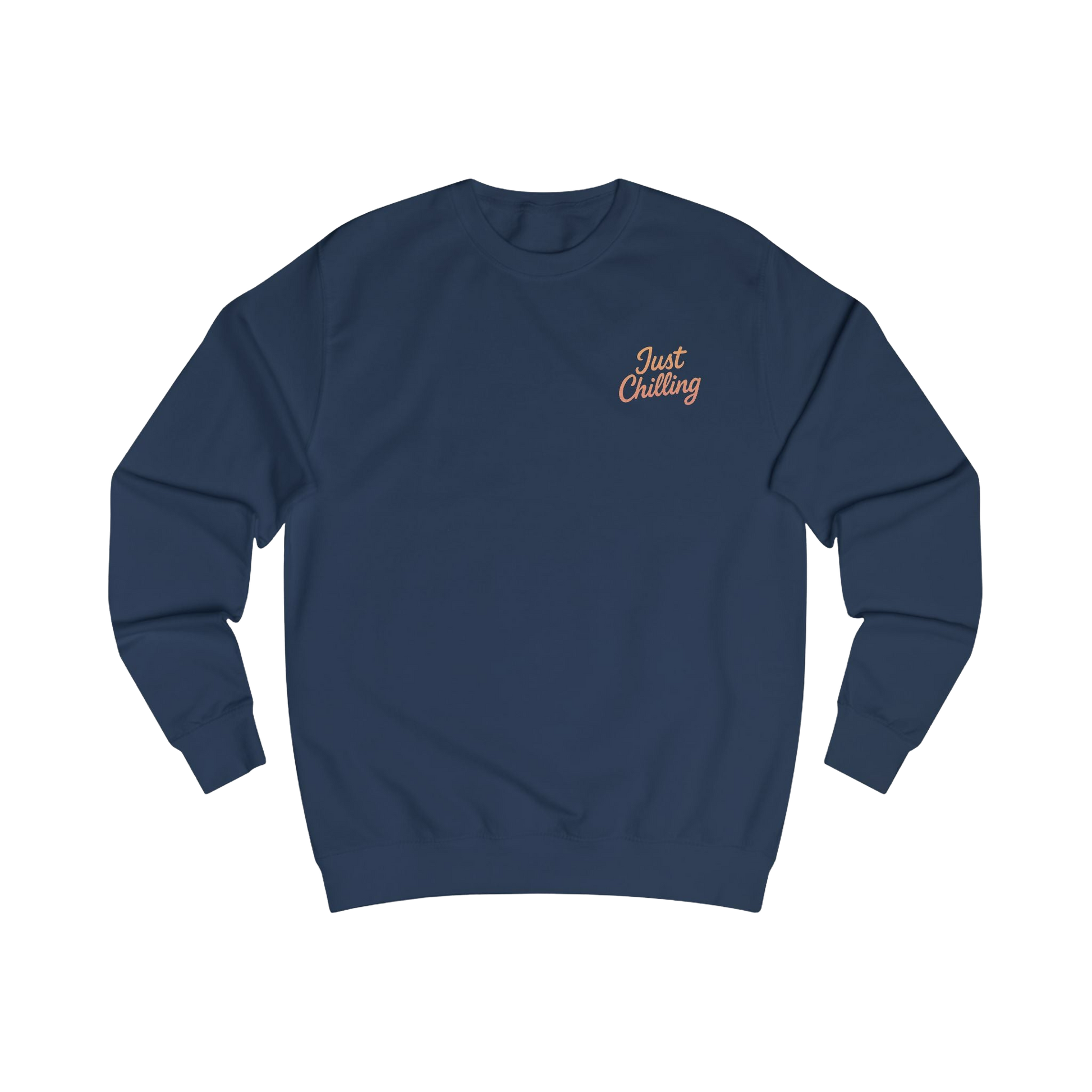 A navy blue long-sleeved sweater with a small embroidered logo on the left side.