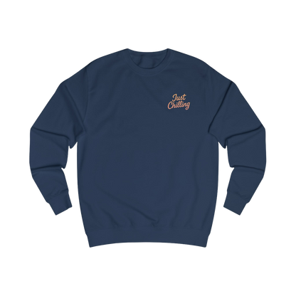 A navy blue long-sleeved sweater with a small embroidered logo on the left side.