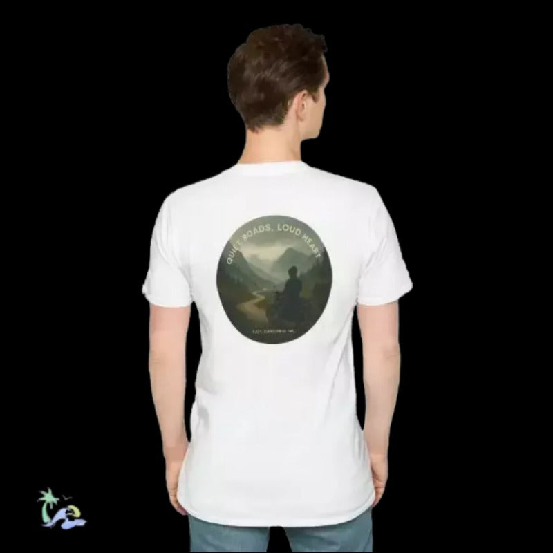 A person wearing a white t-shirt with a circular design on the back, depicting a person sitting in a contemplative pose in front of a mountain landscape.