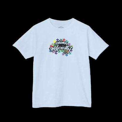 A white t-shirt with a colorful graphic design on the front, featuring the text "Think Diversity" surrounded by a colorful, abstract pattern.