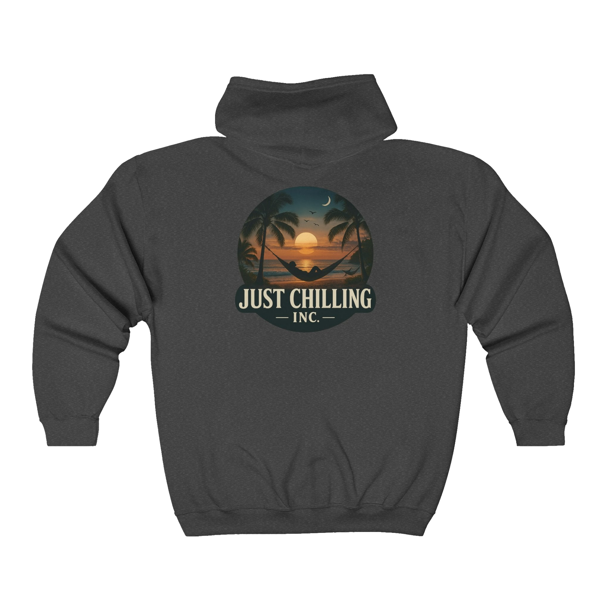 A grey hoodie with a graphic design on the back, depicting a sunset with palm trees and a hammock.