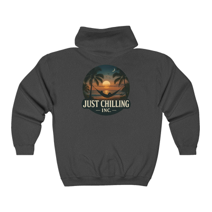 A grey hoodie with a graphic design on the back, depicting a sunset with palm trees and a hammock.
