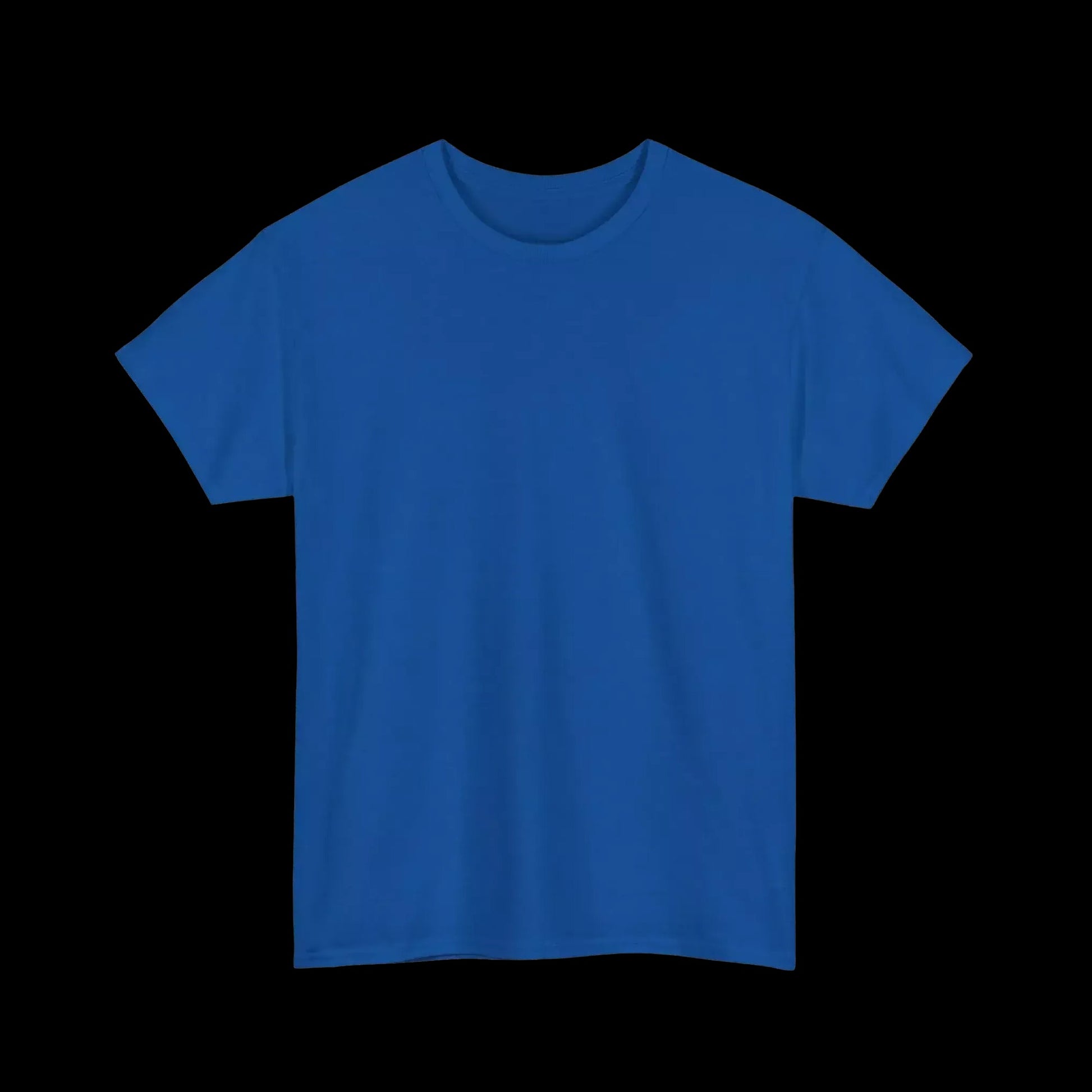 A plain, solid blue t-shirt against a black background.