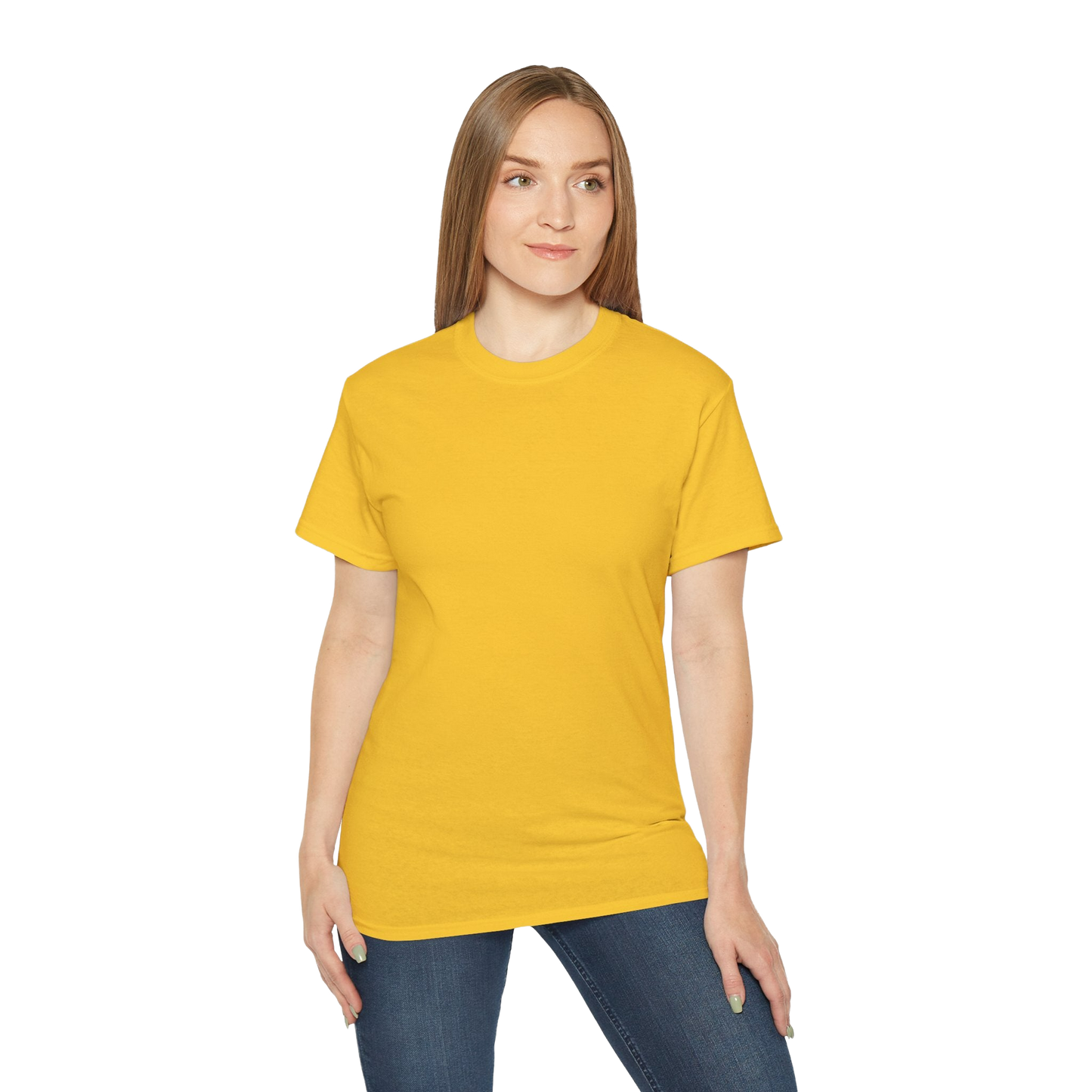 A woman wearing a yellow t-shirt and blue jeans stands against a black background.
