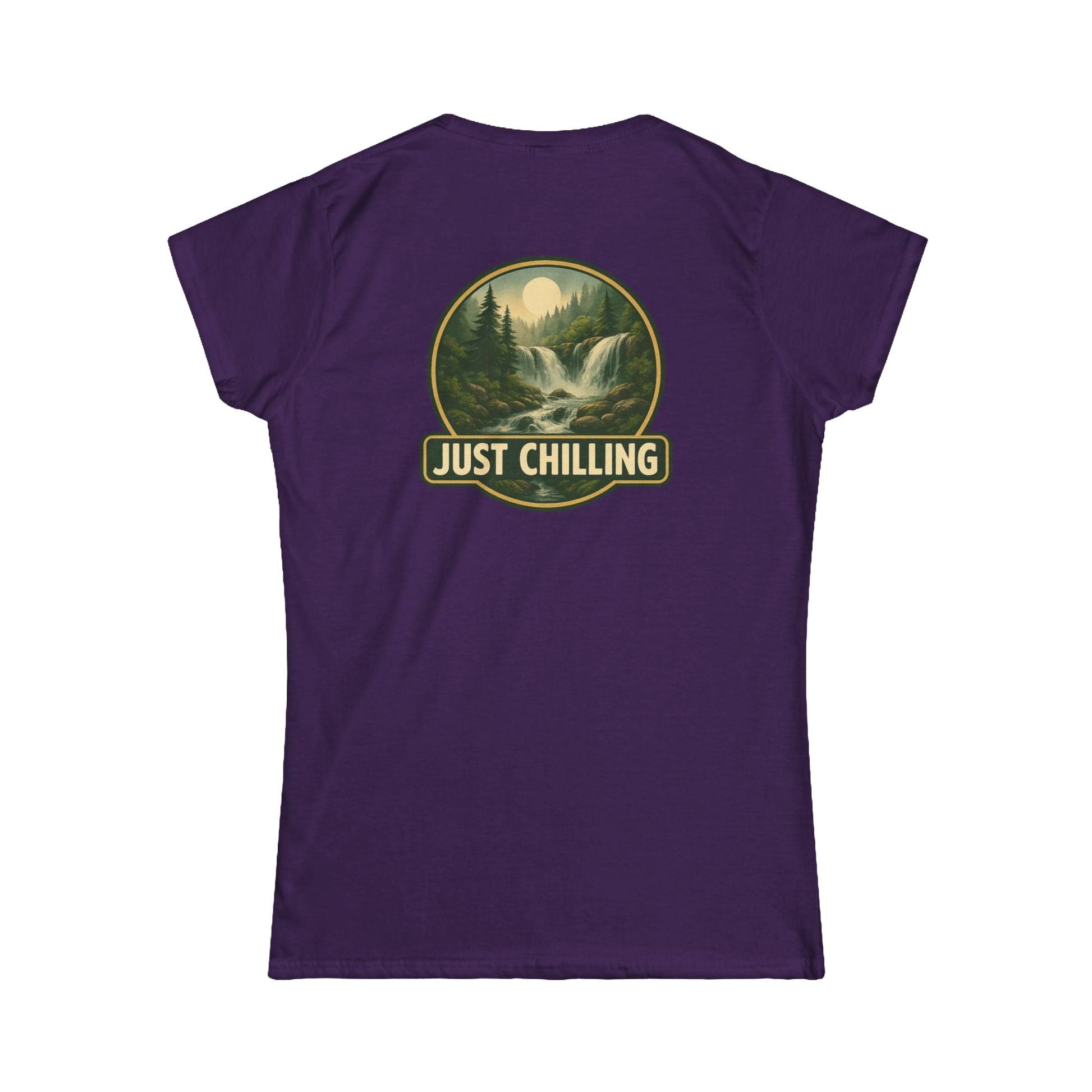 A purple t-shirt with a graphic design depicting a waterfall and forest, along with the text "JUST CHILLING" in the center.