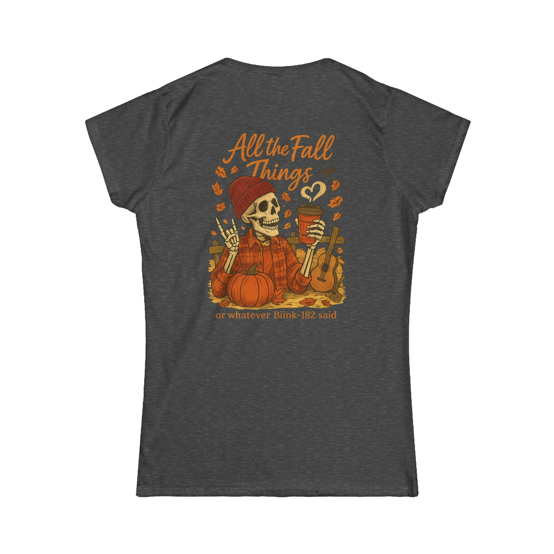 A t-shirt design featuring a skeleton wearing a plaid shirt and holding a cup, surrounded by autumn-themed elements such as pumpkins and leaves.
