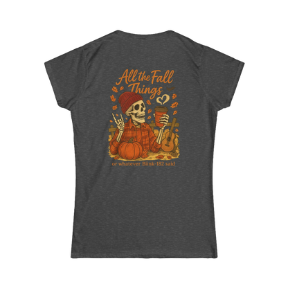 A t-shirt design featuring a skeleton wearing a plaid shirt and holding a cup, surrounded by autumn-themed elements such as pumpkins and leaves.