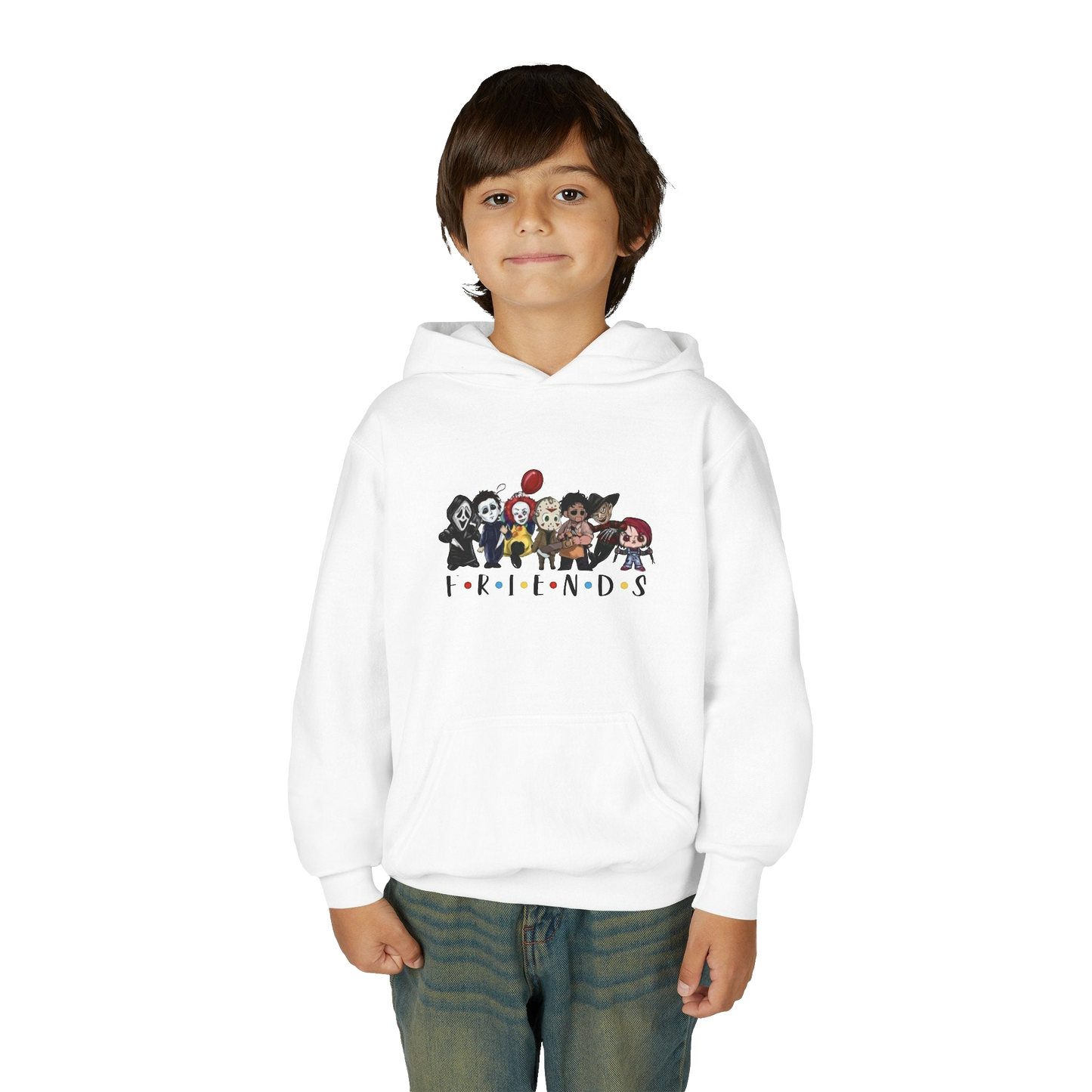 A young boy wearing a white hoodie with a graphic of cartoon characters from the TV show Friends.