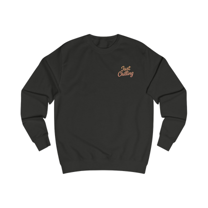 A black sweatshirt with a small orange text logo on the left side.