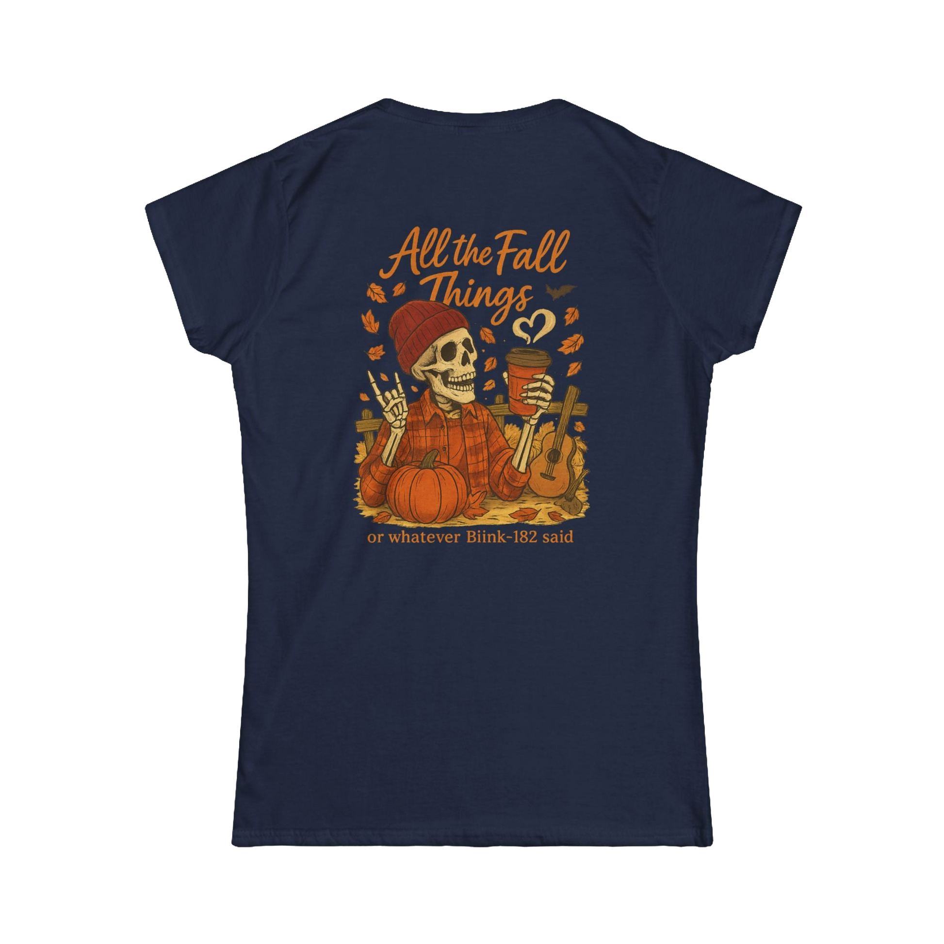 A t-shirt design featuring a skeleton wearing a plaid shirt and holding a cup, surrounded by autumn-themed elements such as pumpkins and leaves.