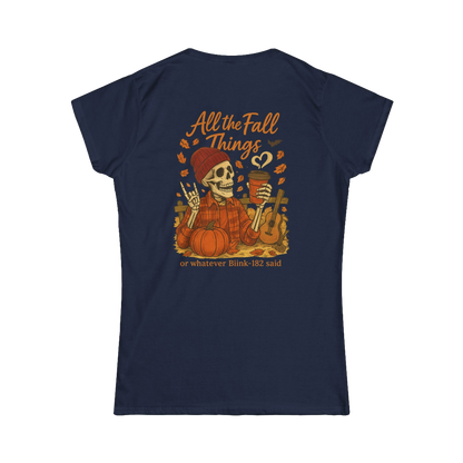 A t-shirt design featuring a skeleton wearing a plaid shirt and holding a cup, surrounded by autumn-themed elements such as pumpkins and leaves.