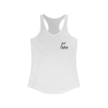 A white tank top with a small black text embroidered on the left side.