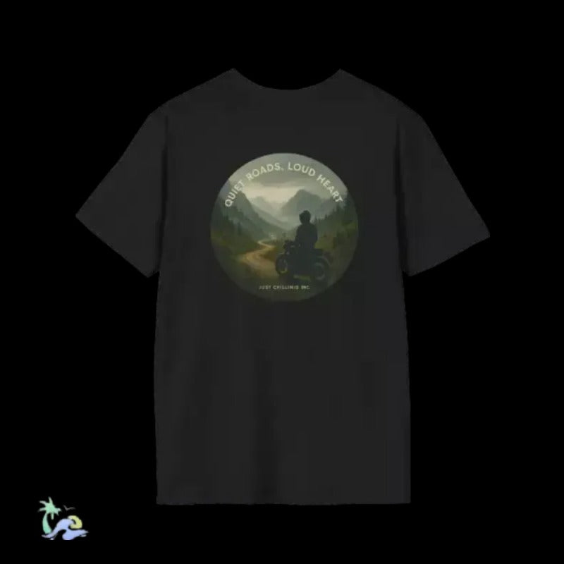 A black t-shirt with a circular graphic design featuring a silhouette of a person riding a motorcycle against a scenic mountain landscape.