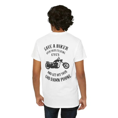 the back of a person wearing a white t-shirt with a graphic design and text printed on it.