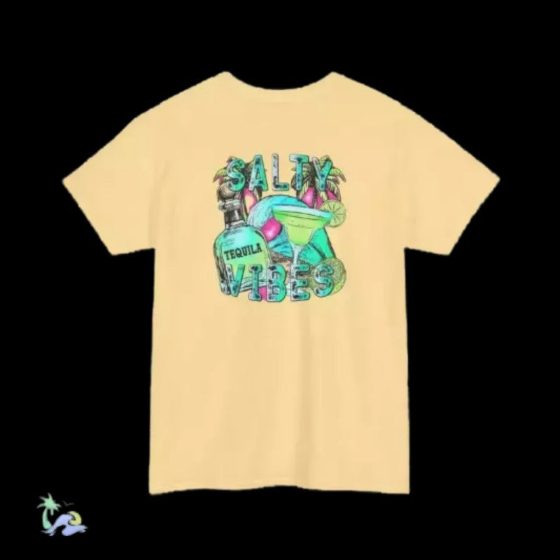 A yellow t-shirt with a graphic design featuring a tequila bottle, a margarita glass, and the text "SALTY VIBES" in a colorful, stylized font.