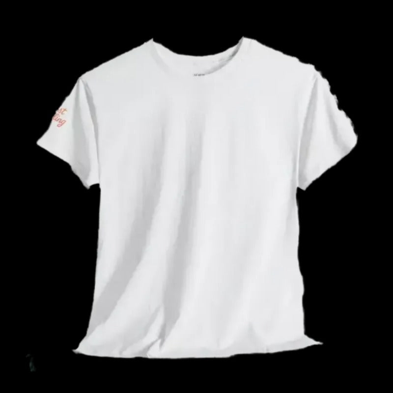 A white t-shirt with a red logo on the left sleeve.