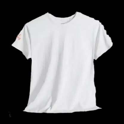 A white t-shirt with a red logo on the left sleeve.