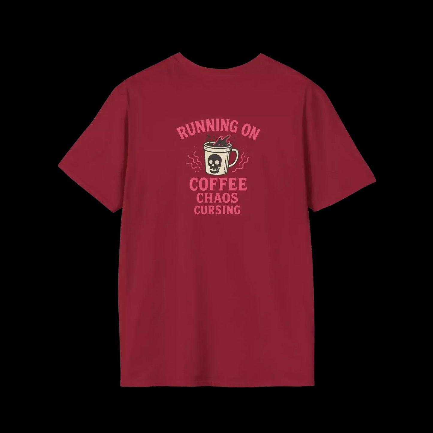 A red t-shirt with a graphic design that says "RUNNING ON COFFEE CHAOS CURSING" and features a skull and mug icon.