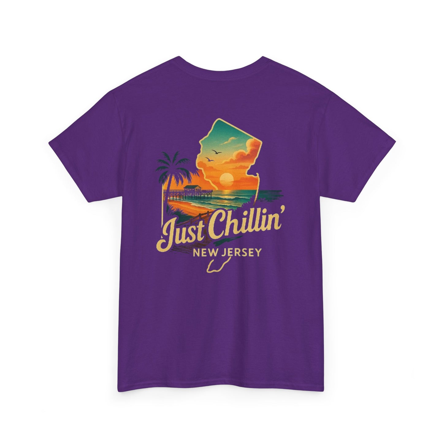 Unisex Heavy Cotton Tee - Just Chilling NJ Sunset Design, Casual Wear, Summer Vibes, Beach Outfit, Gift for Friends, Relaxation Tee