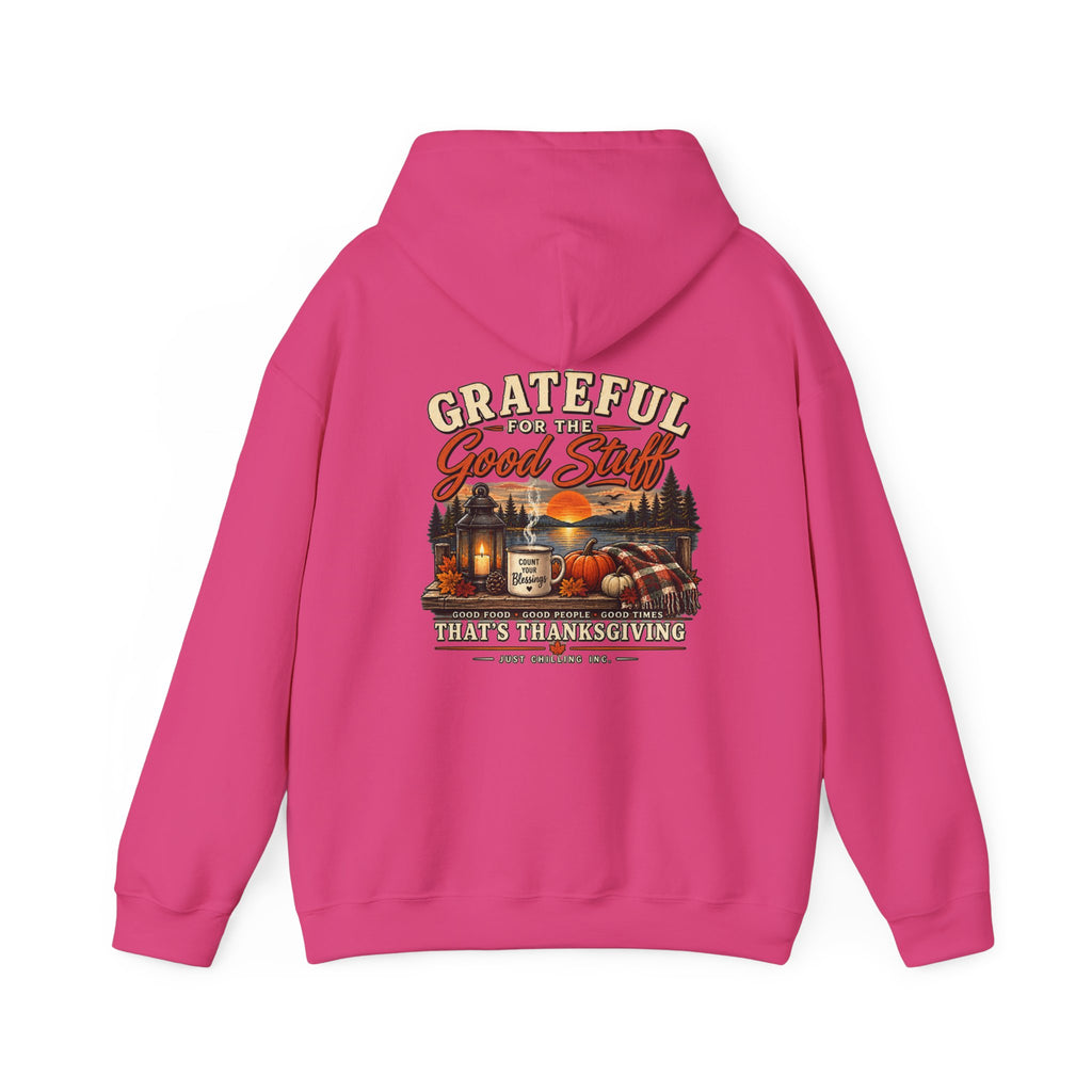 A bright pink hoodie shown from the back, featuring a large Thanksgiving-themed graphic print with the text 'Grateful for the Good Stuff That's Thanksgiving' and an illustration of a campfire, pumpkins, and autumn scenery.