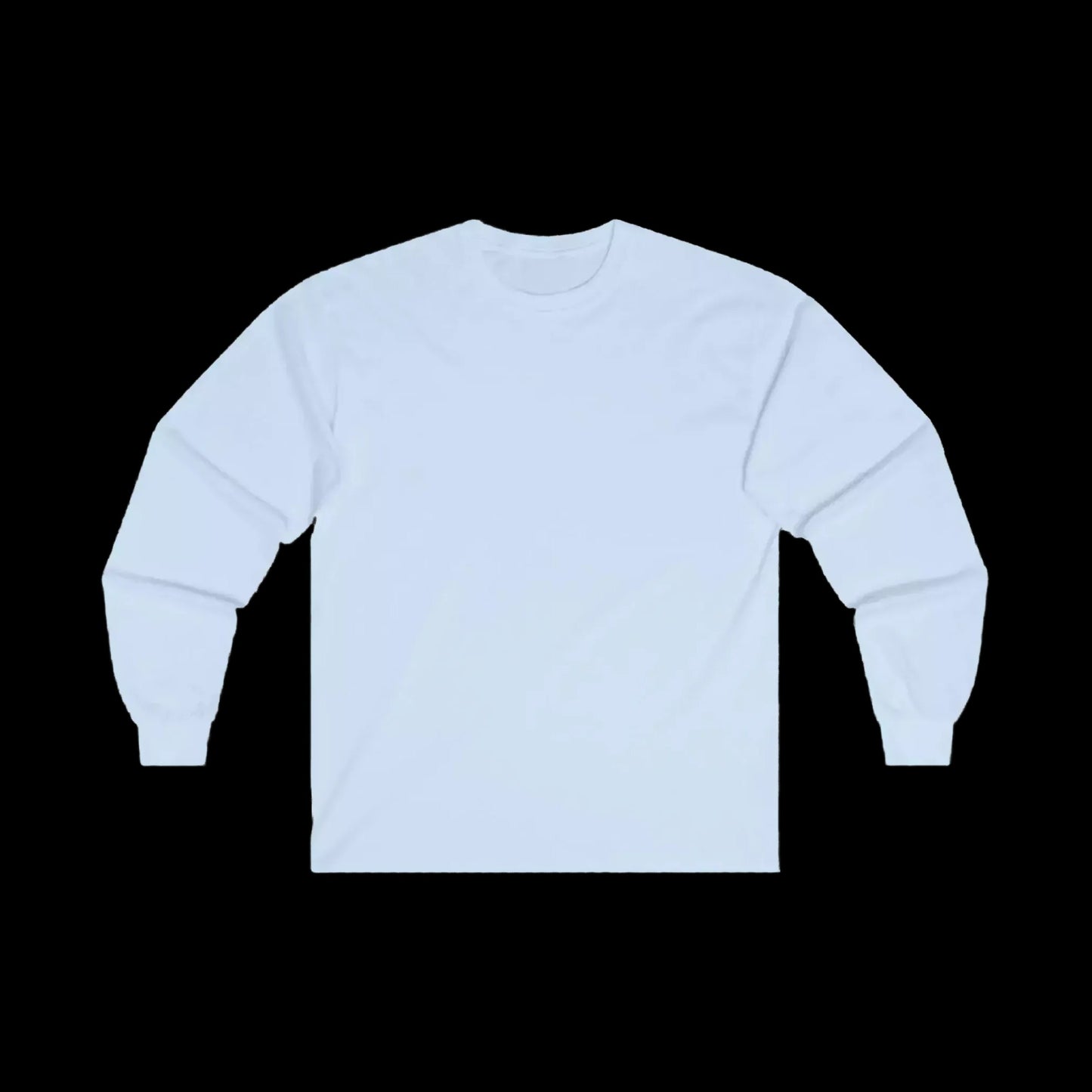 A white long-sleeved shirt is displayed against a black background.