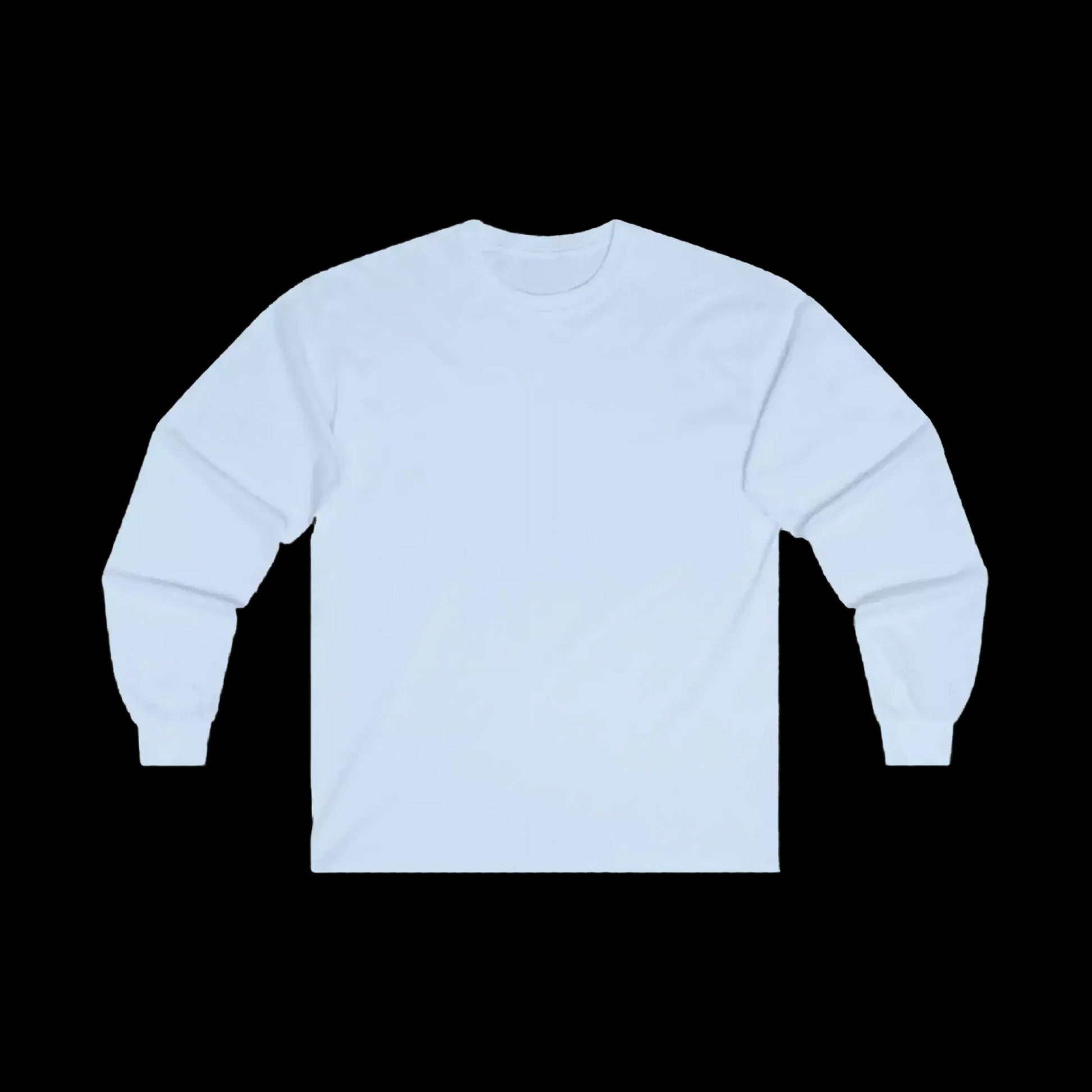A white long-sleeved shirt is displayed against a black background.