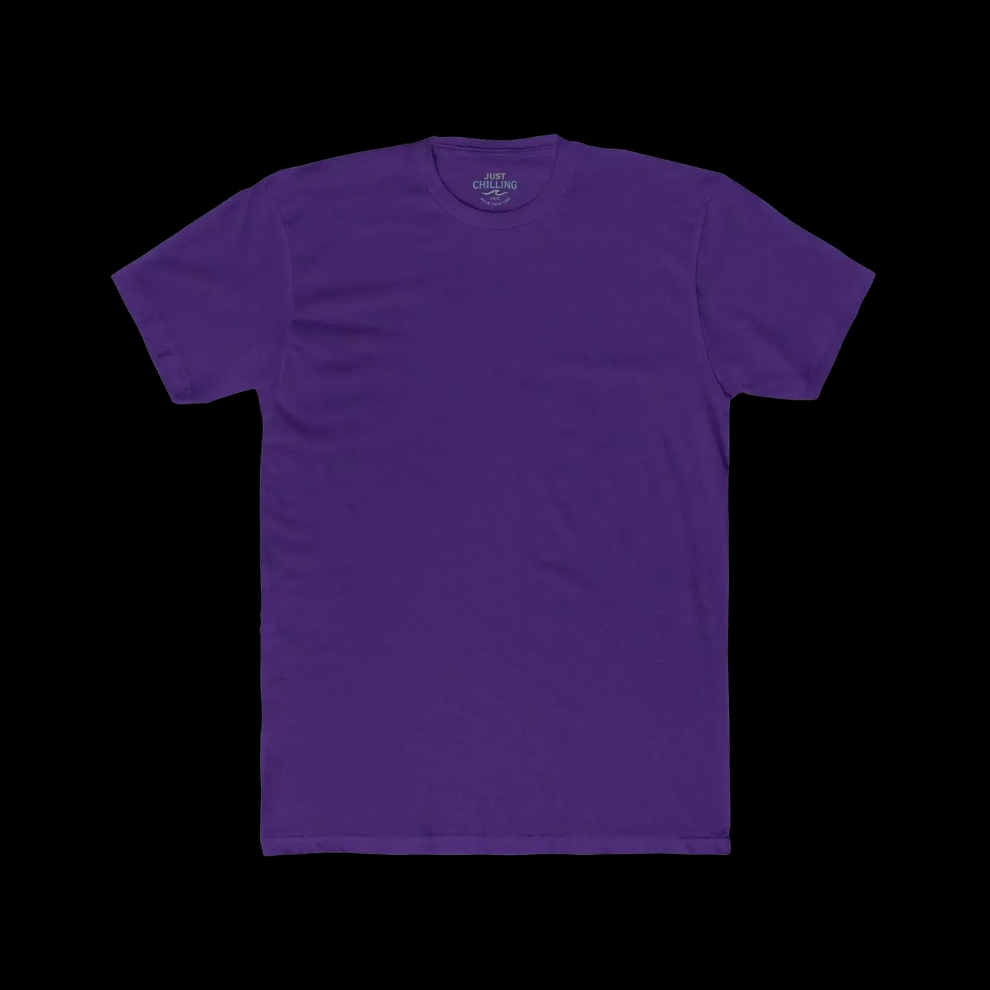 A plain, solid purple t-shirt is shown against a black background.