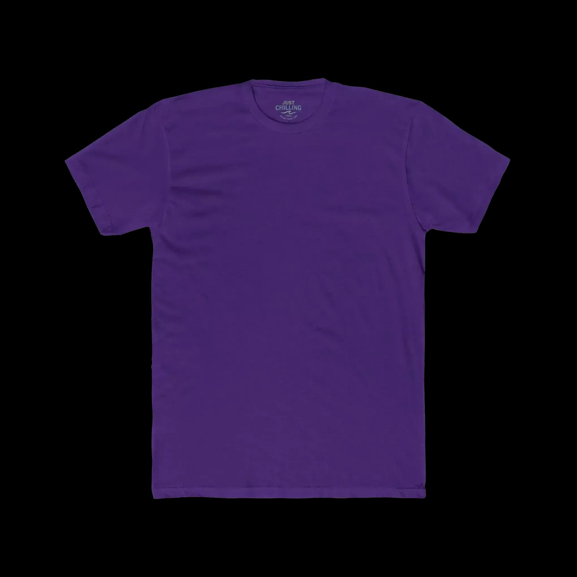 A plain, solid purple t-shirt is shown against a black background.