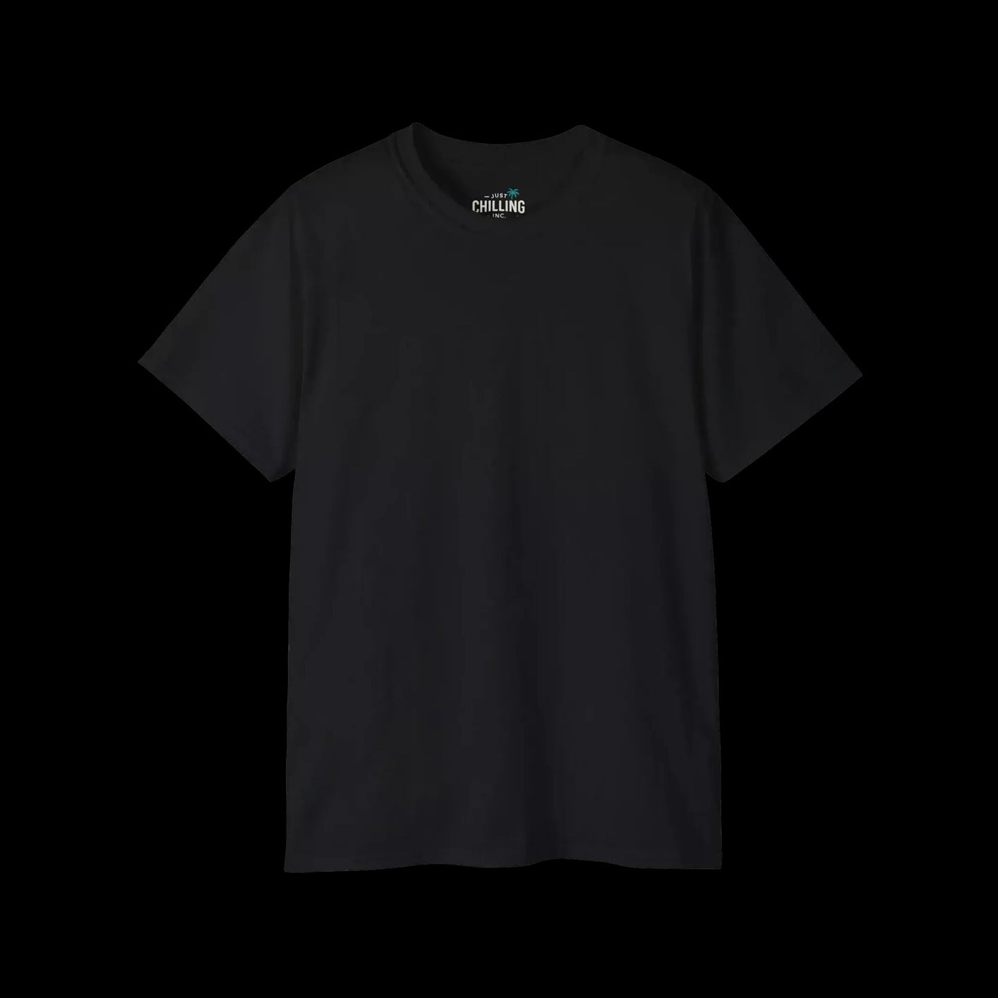 A plain black t-shirt against a black background.