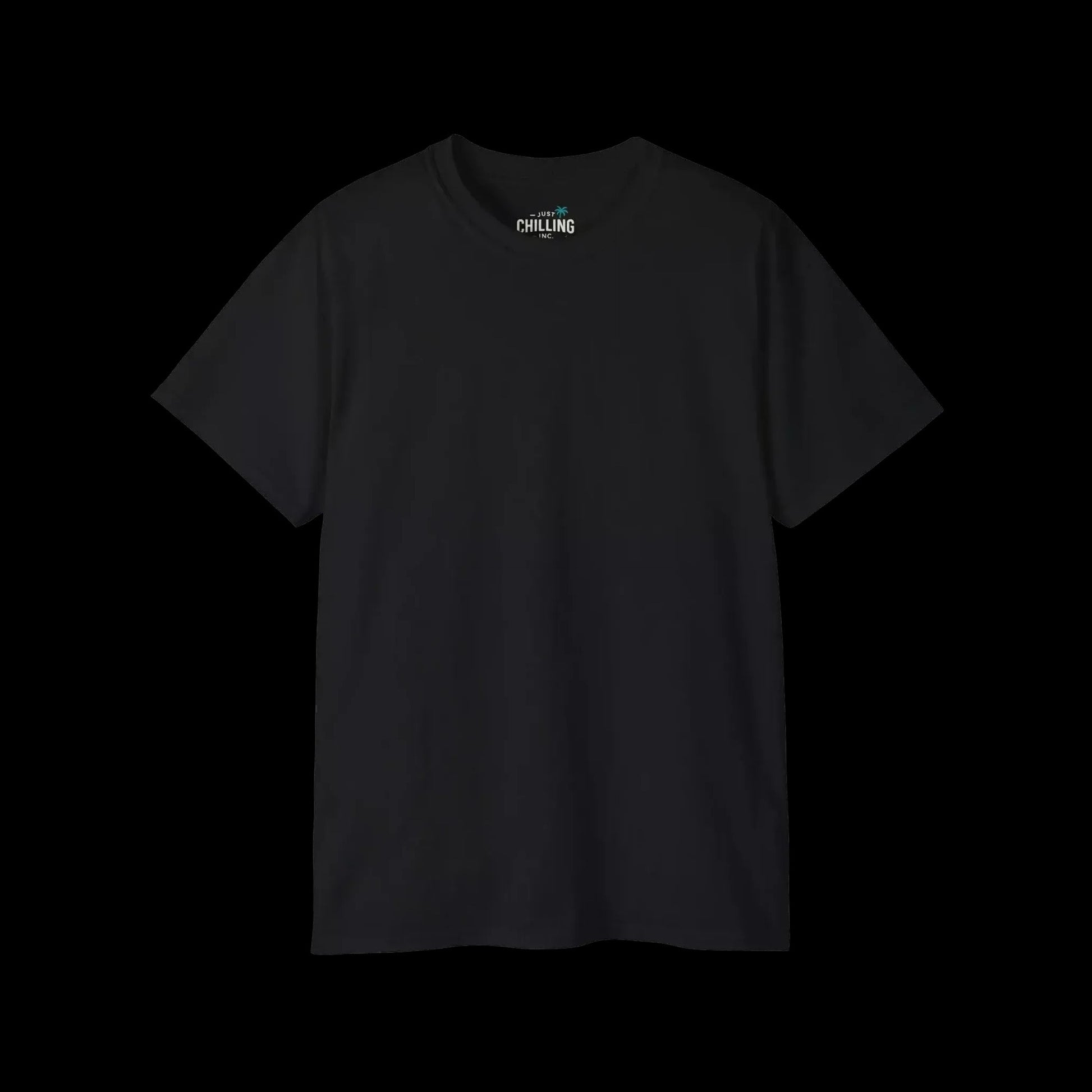A plain black t-shirt against a black background.