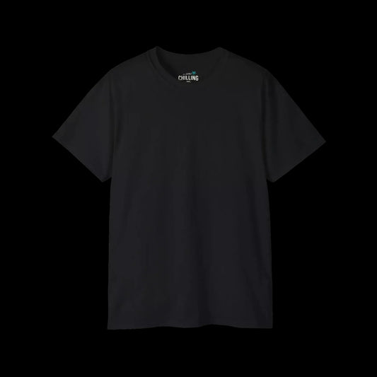 A plain black t-shirt against a black background.